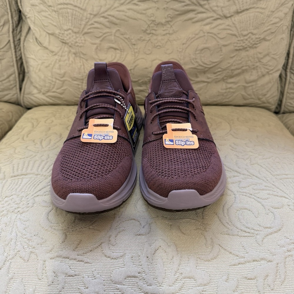 SKECHERS Garner Newick Men 8.5 Shoes Dark Brown Slipins Relax Fit Sneaker 210803